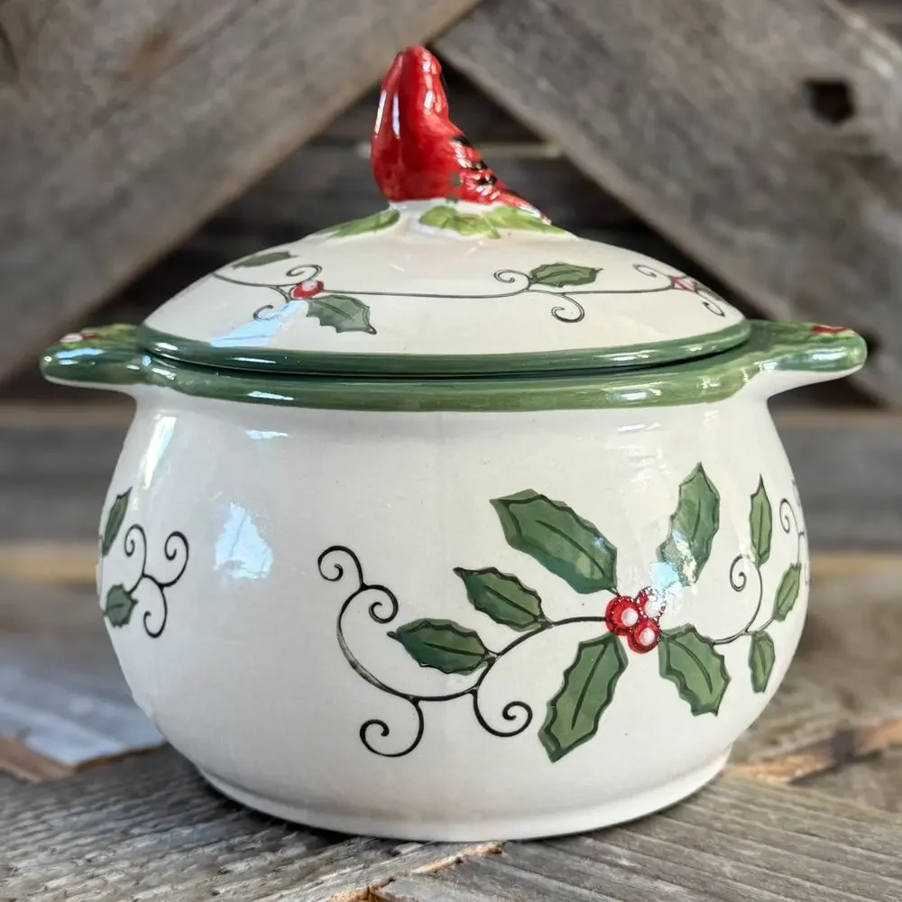 Cardinal & Holly by Temp-Tations by Tara, Ceramic Covered Soup Bowl, 18oz, Disc.